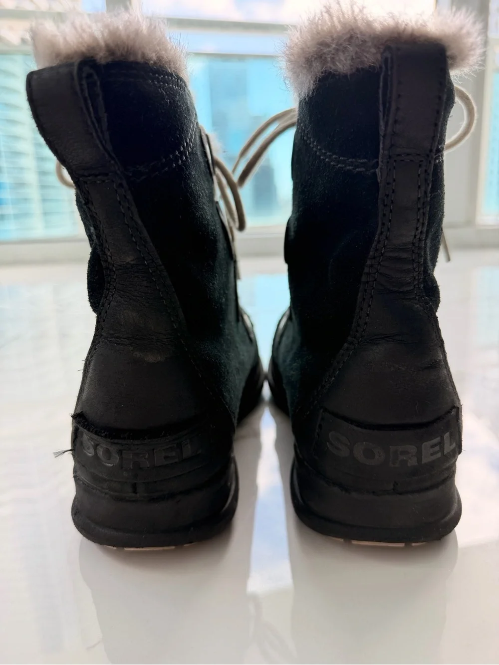 Sorel Black Suede Lace-Up Winter Boot with Faux Fur Trim